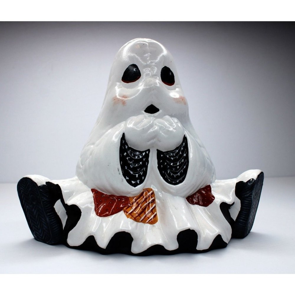 Halloween Handpainted Ceramic 8" Tall 7" Wide Ghost Patchwork Sheet Sitting Down